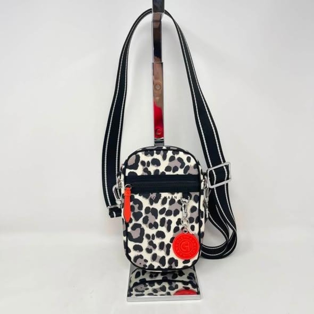 Cole Haan Nylon Cell Phone Crossbody Black White Ocelot Animal Print Red Key Fob